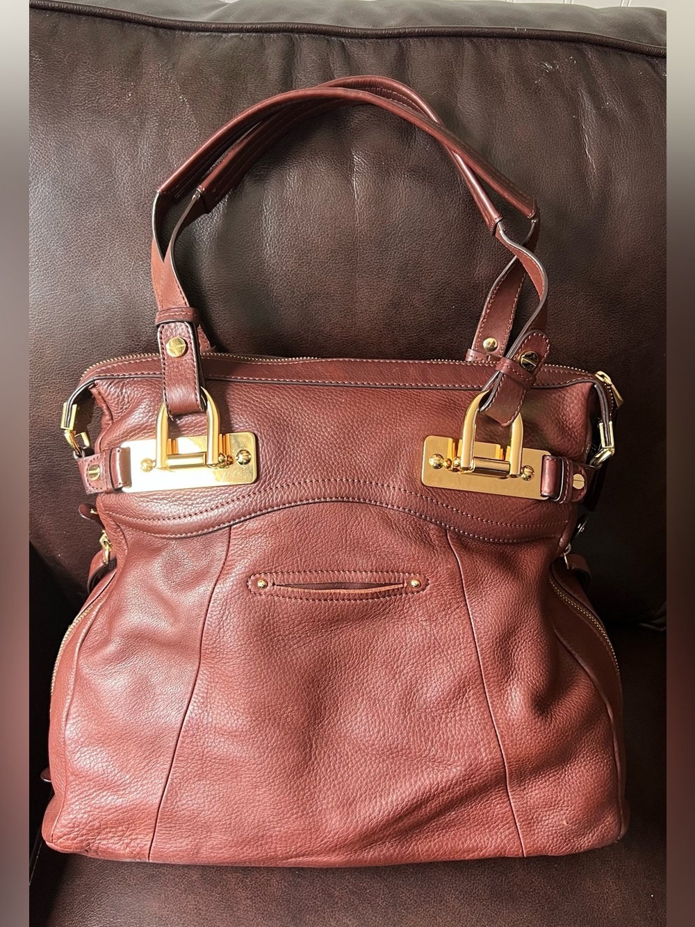 Makowsky Women's Brown Leather Shoulder Large Tote Bag with Gold Hardware